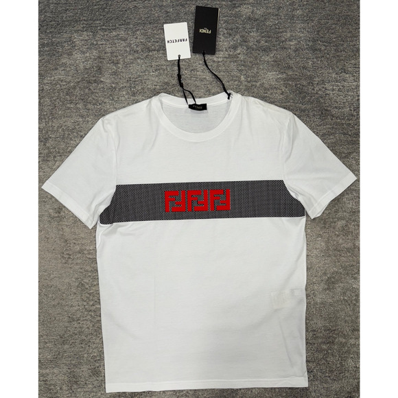 Fendi White Black Mesh Stripe Red FF Logo Short Sleeve Cotton T-Shirt Medium M - Picture 2 of 16